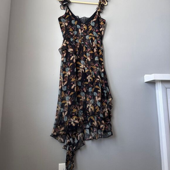 Nicholas Midi Dress US 6 Black Silk Romantic Asymmetric Floral Fairy Whimsygoth - Picture 10 of 10